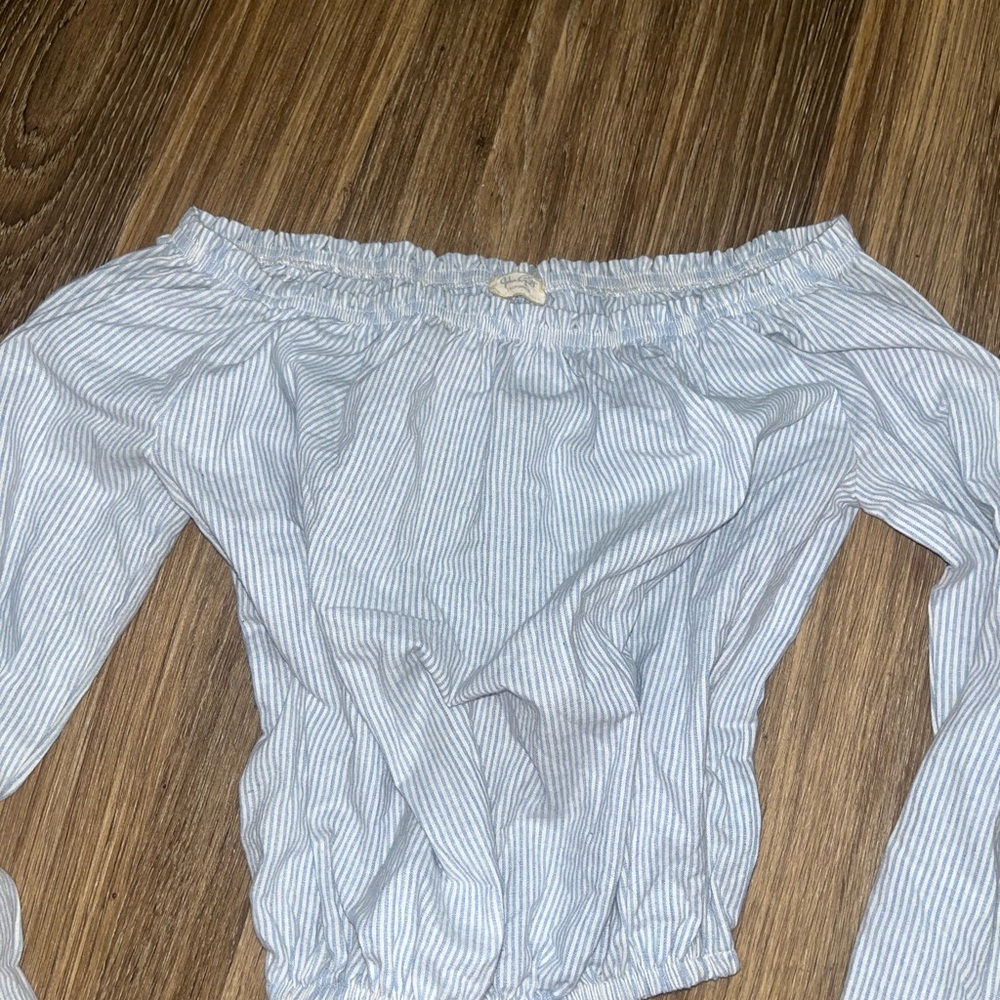Brandy Melville John Galt Light Blue and White Striped off the shoulder top